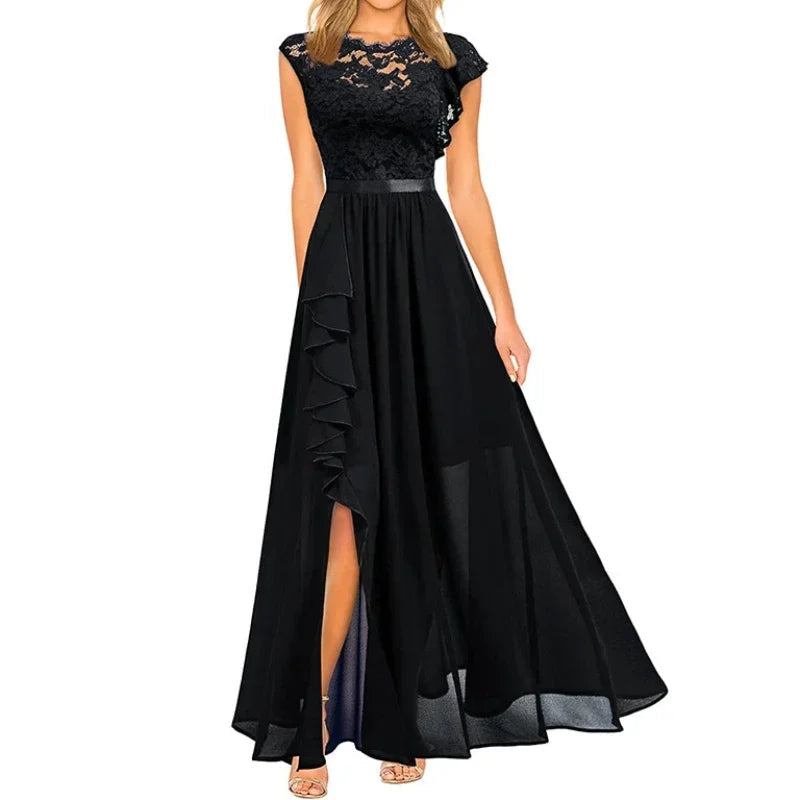 Harajuku Vintage Elegant Long Maxi Dress 2025 New Fashion High Waist Round Neck Party Wedding Dresses Spliced Lace Chiffon Dress Good Vibrations