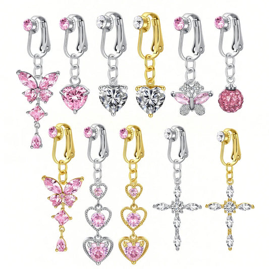 Fake Belly Ring Bell Button Rings Fake Belly Piercing Love Heart Butterfly Dangle Clip On Umbilical Navel Cartilage Earring Clip Good Vibrations Adult Super Store