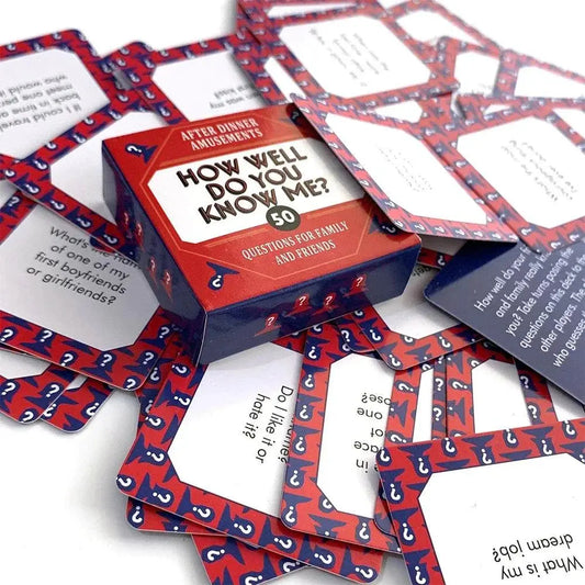Mini box game "How Well Do You Know Me?" with cards for family and friends entertainment.