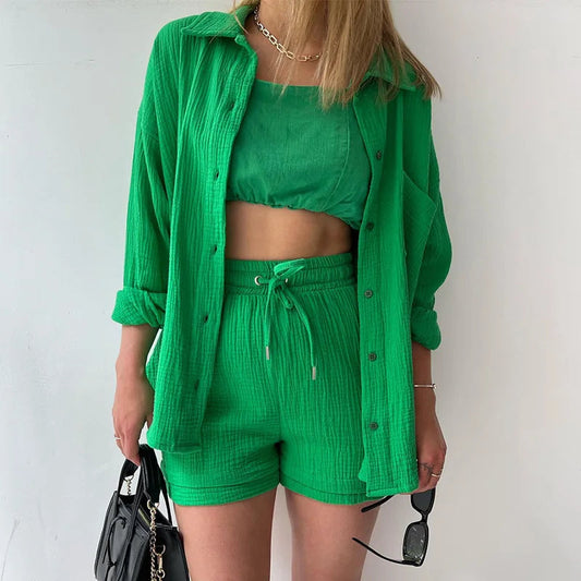 Solid Color Casual Loose Short Pants Sets For Women 2025 Elegant Summer Women's Two Pieces Suit Full Set Female Outfit Clothes Good Vibrations