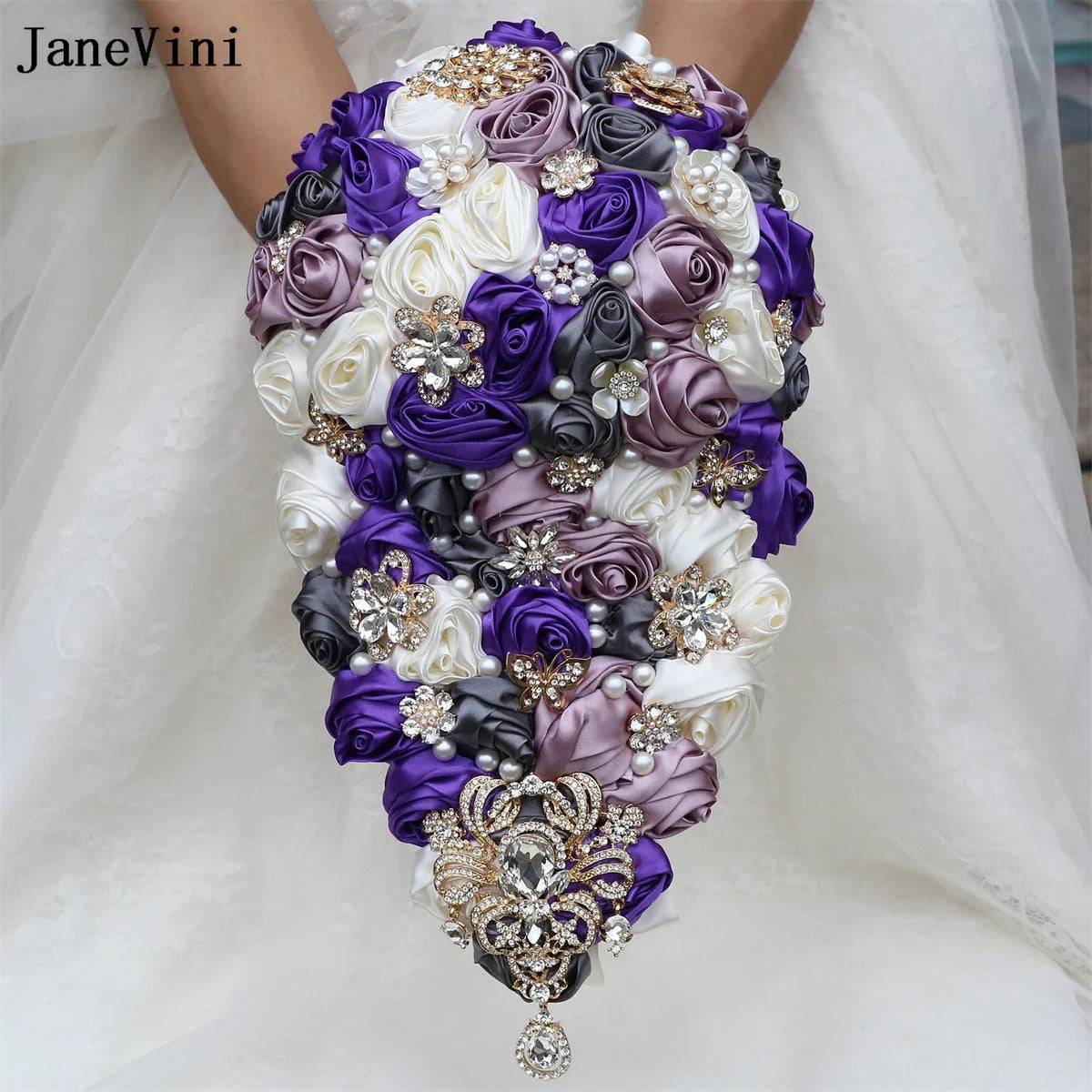 JaneVini Luxury Golden Rhinestones Pink Ivory Cascading Flowers Waterfall Bridal Bouquets Artificial Satin Roses Wedding Bouquet Good Vibrations