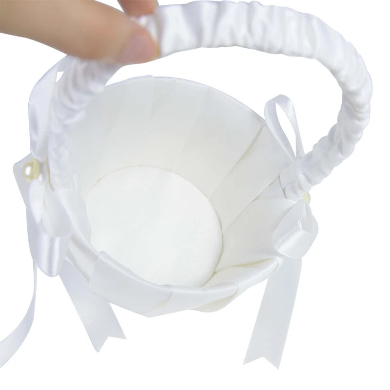 20 cm White Flower Girls Basket Silk Wedding Basket for Flower Bride/Kids Hand Held Wedding Ceremony Party Decorations Good Vibrations