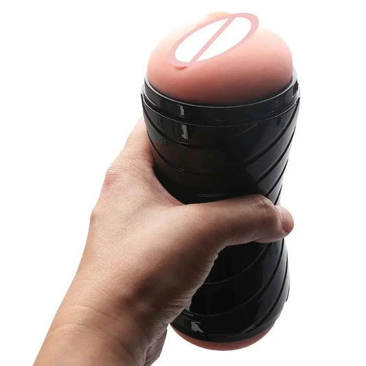 Male masturbation cup with silicone material for glans training and oral simulation.