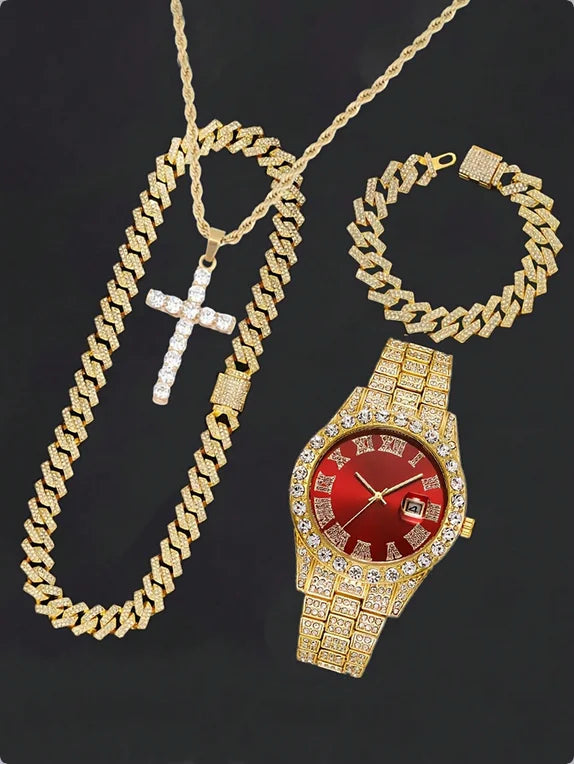 16mm Hip Hop Miami Cuban Link Chain Set Necklace +Watch+Bracelet Creative Iced Out Shiny Trendy Stylish Jewelry For Women Men Good Vibrations