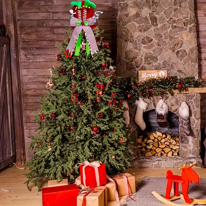 A Christmas tree hat, red and green elf leg hat, sequined striped bow tree hat, perfect for Christmas tree decoration Good Vibrations