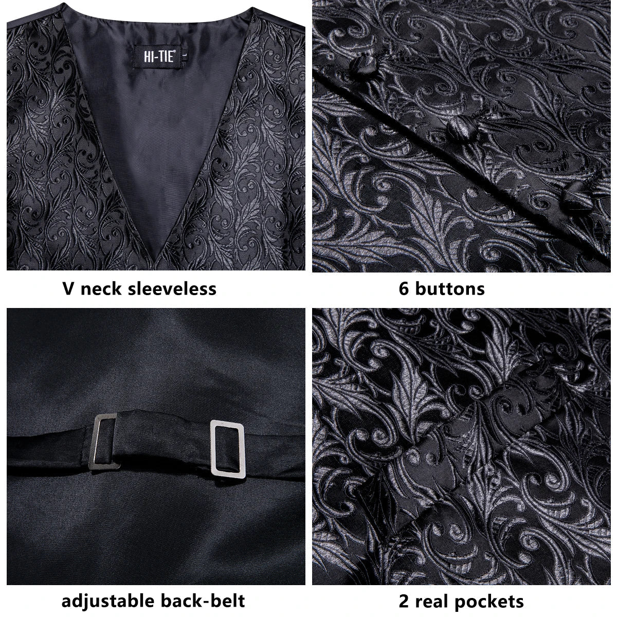 Hi-Tie Black Men Silk Vest Paisley Jacquard Necktie Hankerchief Cufflinks Sets Male Sleeveless V-Neck Waistcoat Business Formal Good Vibrations