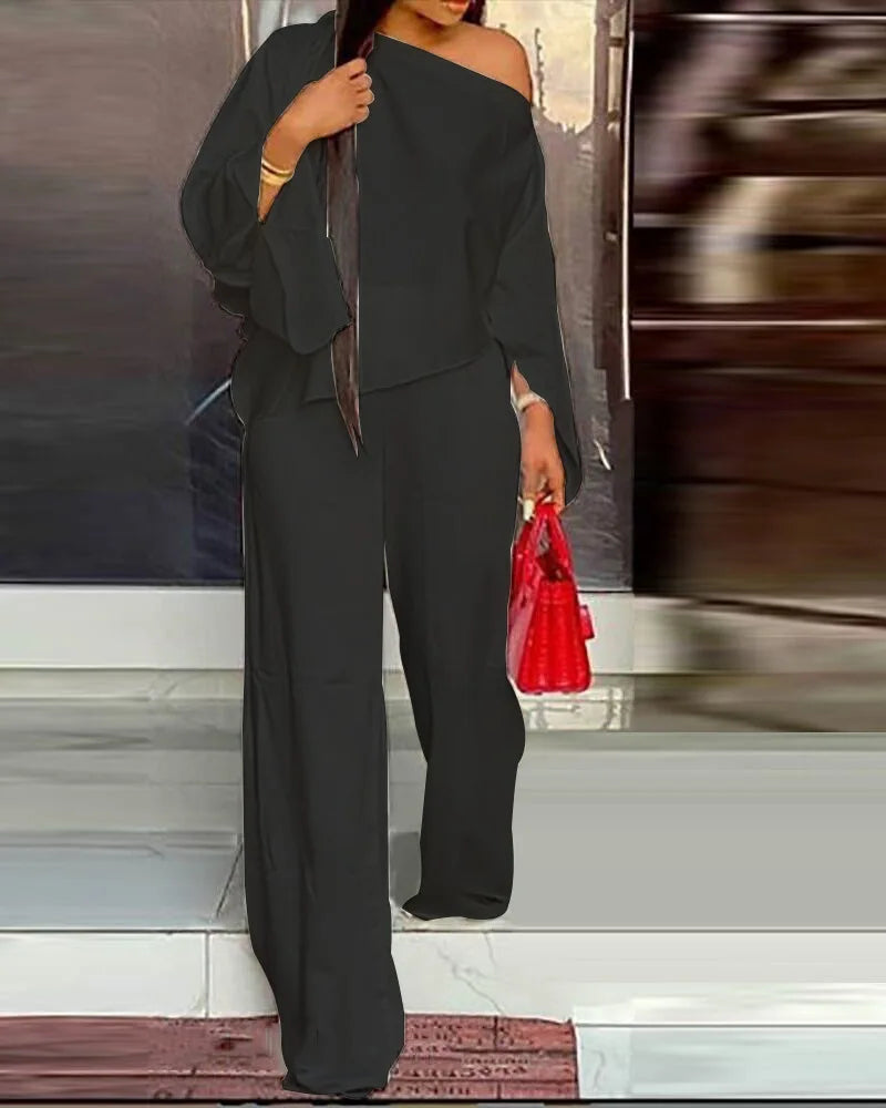 Women's Wide Leg Pants Two Piece Set Fashion Off Shoulder Shirt And Pants Sets Autumn Winter Casual Loose Solid Suit Good Vibrations