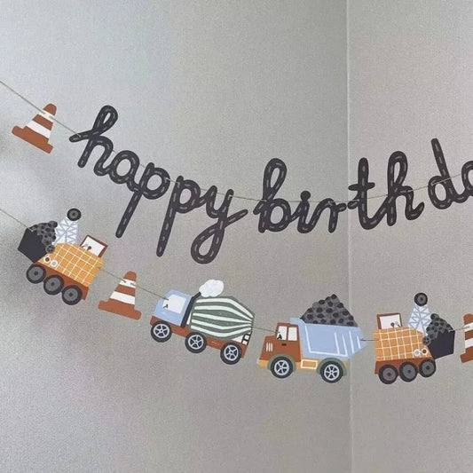 Building Construction Themed Happy Birthday Banner Party Decoration Tractor Excavator Flag Kids Boys Party Supplies Baby Shower Good Vibrations