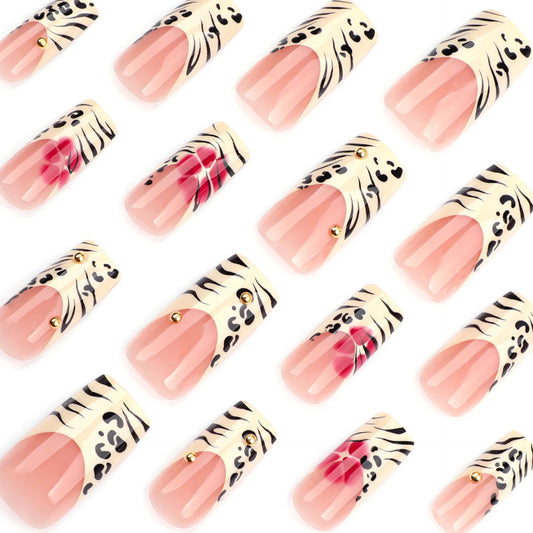 Black Leopard Print Light Yellow French Red Flowers Fake Nails Fashion Detachable Finished False Nails Press on Nails with Glue Good Vibrations