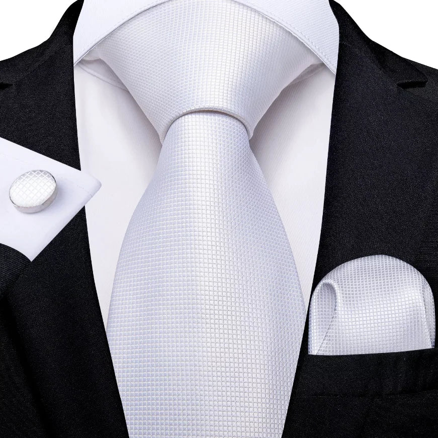 Men's Ties White Sliver Hanky Cufflinks Set Silk Neck ties For Men Wedding Party Business Mens Tie 2022 New Fashion Brand Hi-Tie Good Vibrations