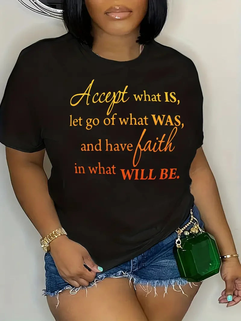 Plus Size Casual T-shirt Women's Plus Ombre Letter Graphic Short Sleeve Round Neck Medium Stretch Top Good Vibrations
