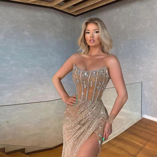 Customized Prom Dressd Luxury Rhinestone Prom Dress Sexy Matching Intricate Sequin Beading Column Strapless Long Dresses Good Vibrations