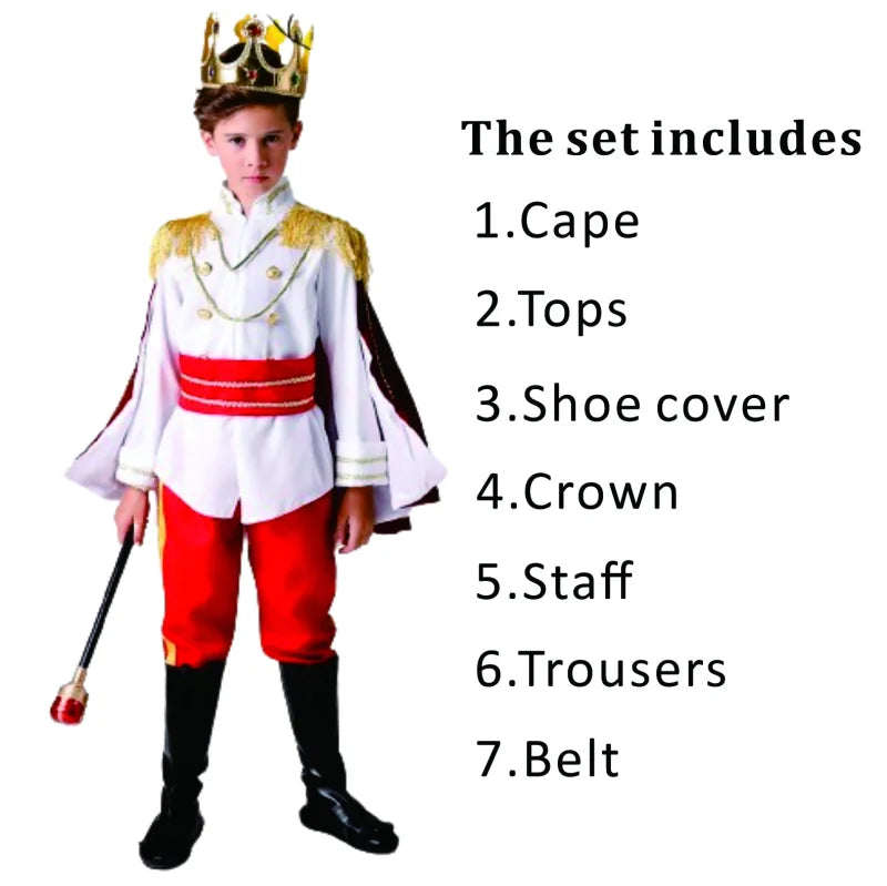 7 Pieces Boys King Carnival Costume Medieval Royal Prince Full Set Outfits for Halloween Birthday Party Fancy Dress Up Good Vibrations