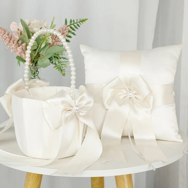 Flower Girl Basket Ring Bearer Pillow Set White Romantic Satin Bow Pearls Ring Pillow For Bride/Kid Wedding Ceremony Party Decor Good Vibrations