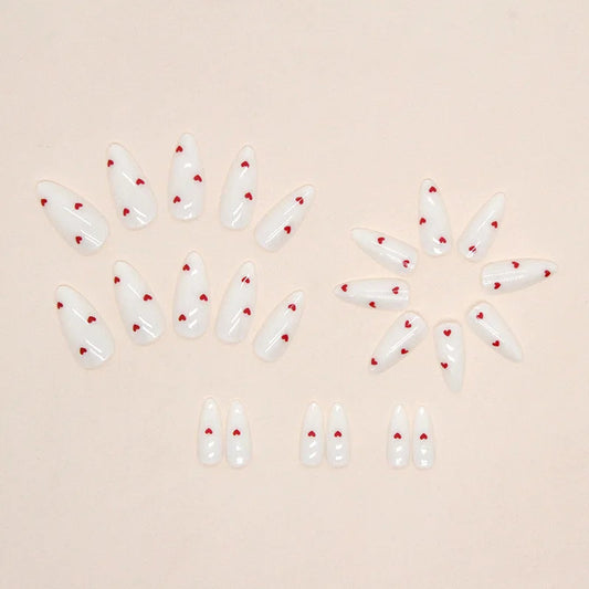24PCS- white almond fake nails, red love pattern decoration, exquisite elegance, fashion generous, suitable for dating, dinner, Good Vibrations