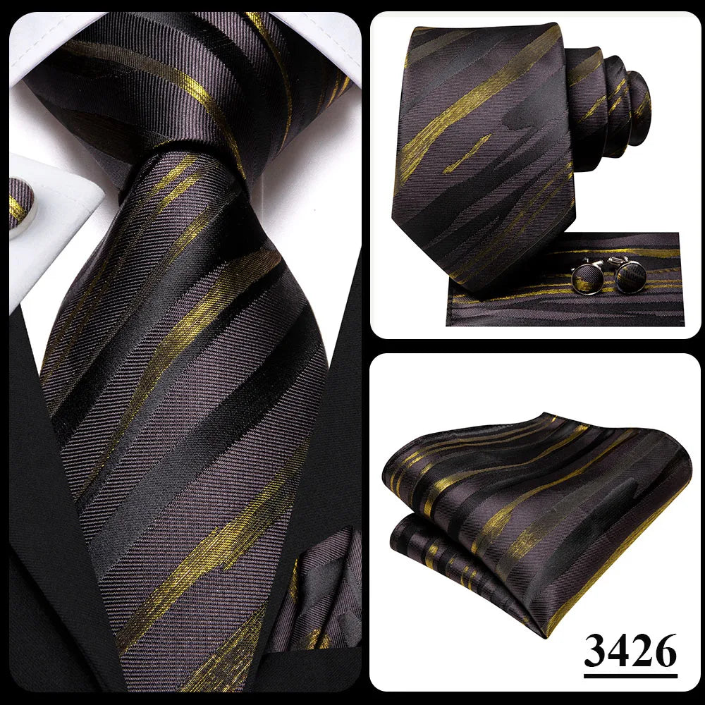 Hi-Tie Champagne Gold Striped Paisley Solid Men Silk Wedding Tie Fashion Design Necktie For Men Hanky Cufflink Business Party Good Vibrations