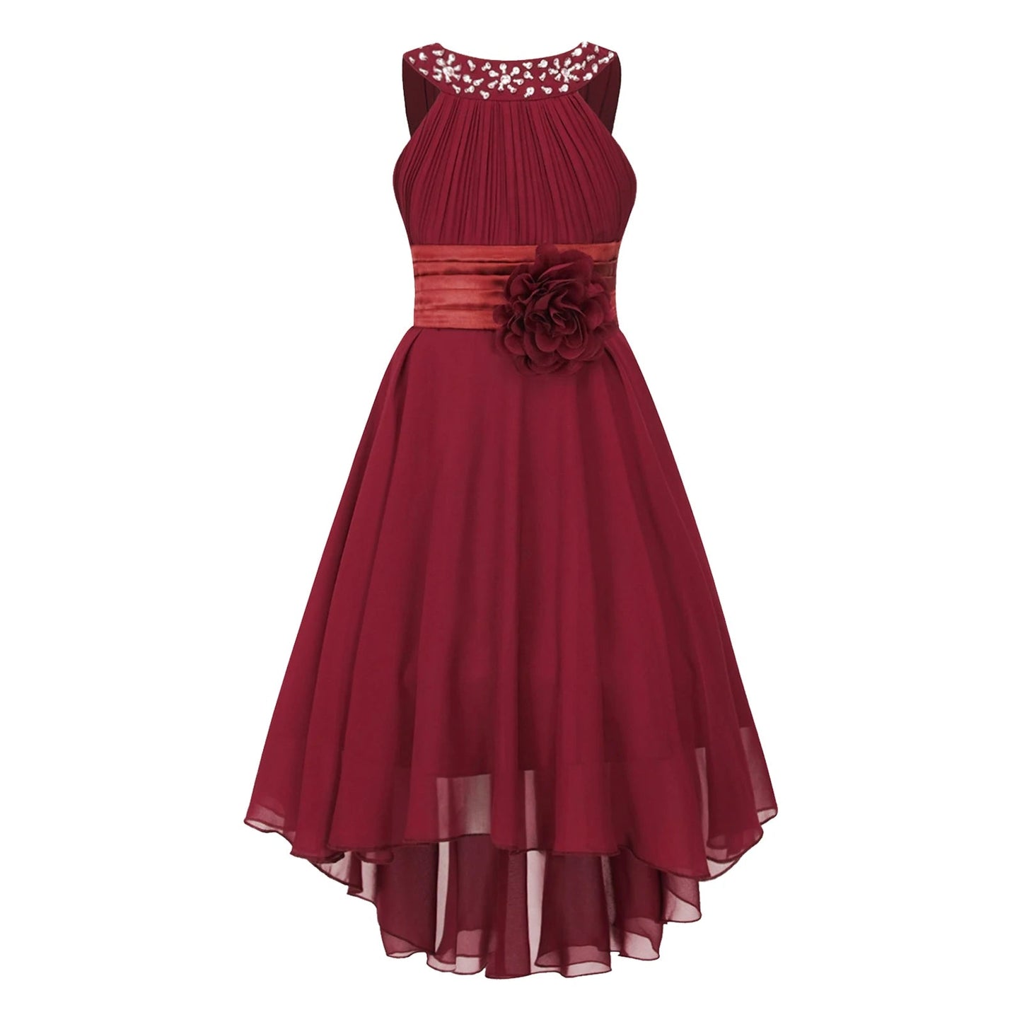Kids Wedding Flower Girls Party Dress Sleeveless Ruched Shiny Beaded Hi-low Hem Elegant Chiffon Dress for Birthday Evening Prom Good Vibrations