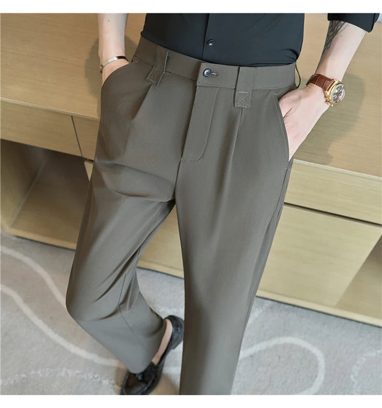 Men Straight Leg Suit Pants Summer Ice Silk Lightweight Elastic Waist Casual Loose Wide-leg Trousers Dress Pants Men Clothing