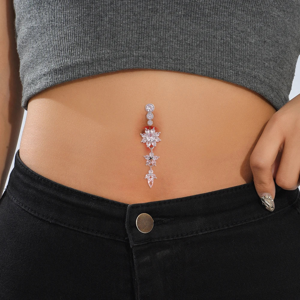 Gold Color Stainless Steel Belly Button Ring Long Dangled Flower CZ Crystal Navel Belly Piercing Rings for Women Sexy Jewelry Good Vibrations Adult Super Store