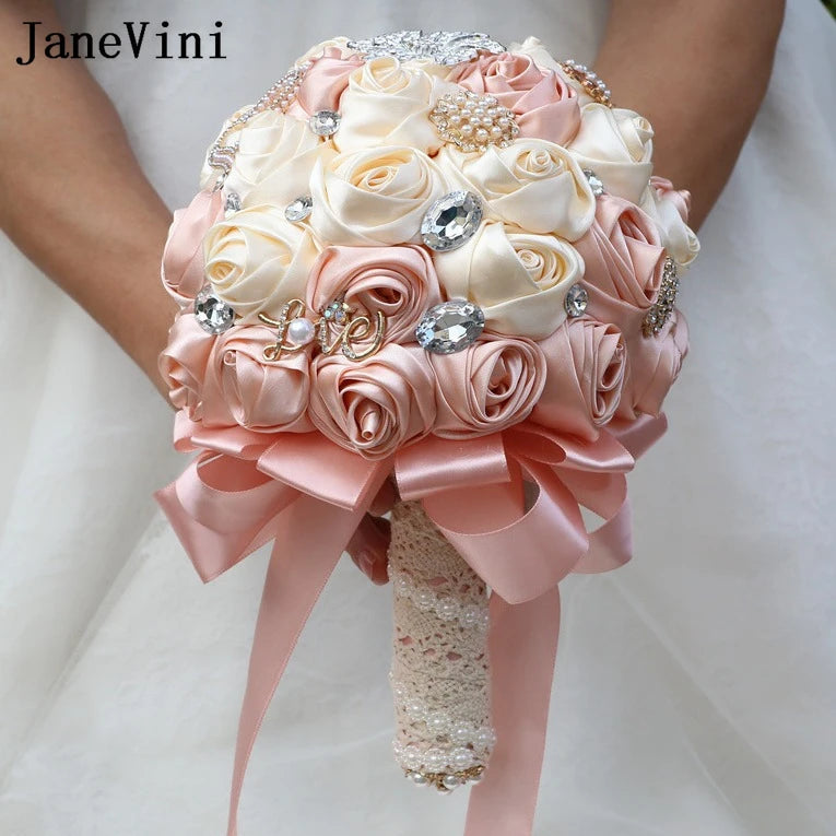 JaneVini Light Pink Roses Bridal Bouquet Elegant Pearl Crystal Lace Handle Bride Flower Ball Wedding Bouquet Bruiloftaccessoires Good Vibrations