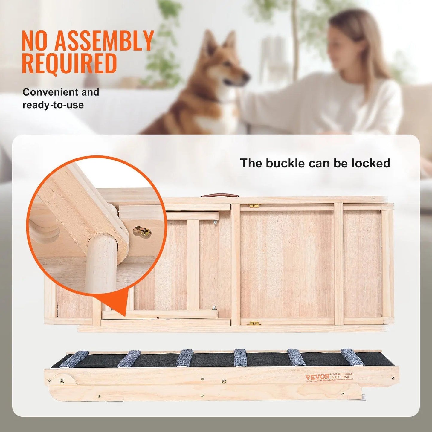 Dog Ramp, Folding Pet Ramp for Bed, Adjustable Dog Ramp for Small, Large, Old Dogs & Cats, Wooden Pet Ramp with 41.3" Long Ramp, Good Vibrations