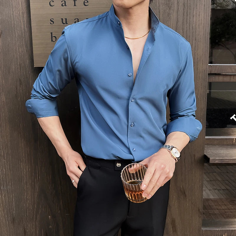 New Chinese Style Stand-Up Collar Shirt Luxury Solid Color Long Sleeve Slim Fit Elastic Casual Social Party Shirts Tuxedo 4XL-M Good Vibrations