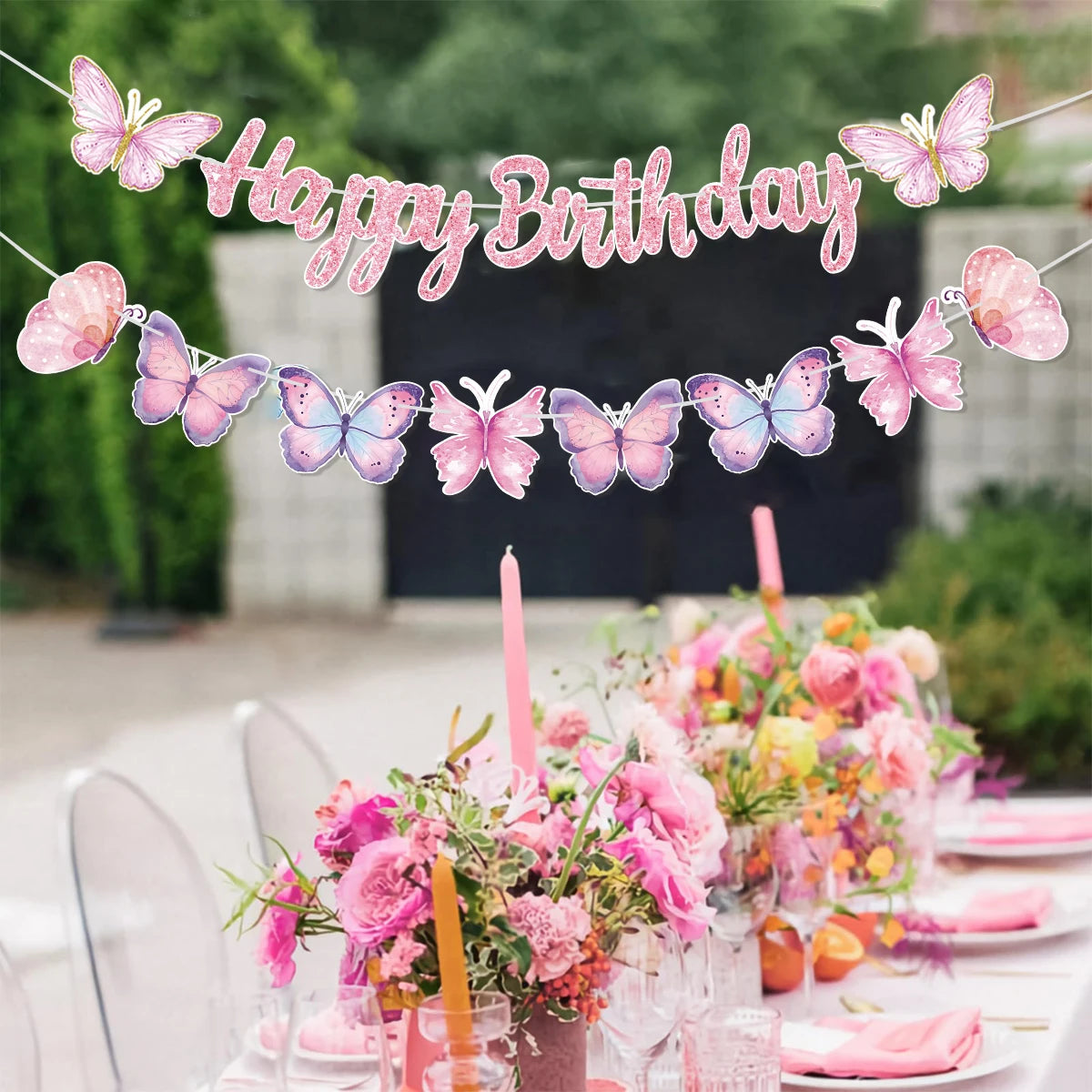 Pink Happy Birthday Banner With Butterfly Dancing Hanging Pendant Garlands  Girls Princess 1st Happy Birthday Party Decorations Good Vibrations