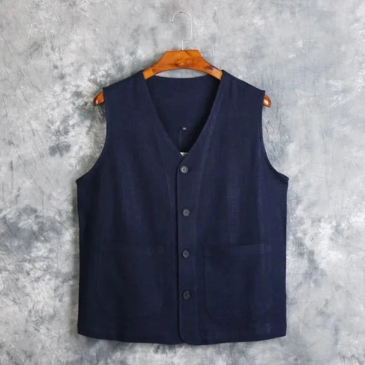 Men's Vest Dress Linen Cotton Waistcoat Jacket Male Formal Gilet For Mens Jeans Summer Casual Business Victorian Clothing Good Vibrations