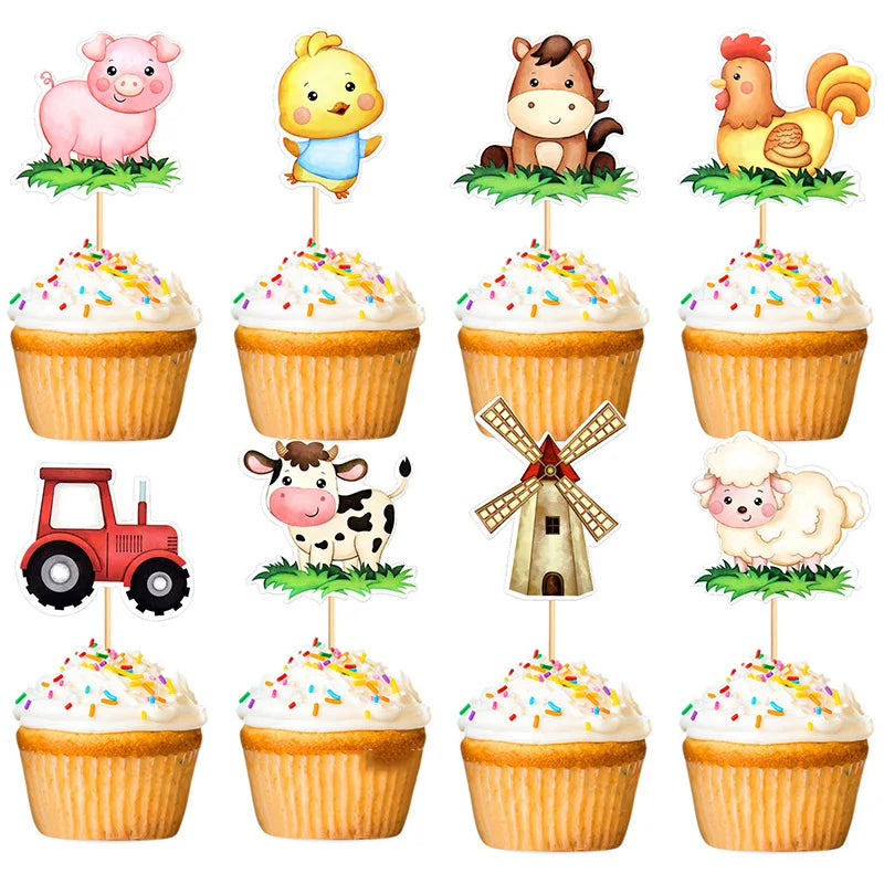 Farm Series Cake Topper Lambs Ponies Piglets Chickens Ducks Haystacks for Children's One Year Old Birthday Party Cake Decoration Good Vibrations