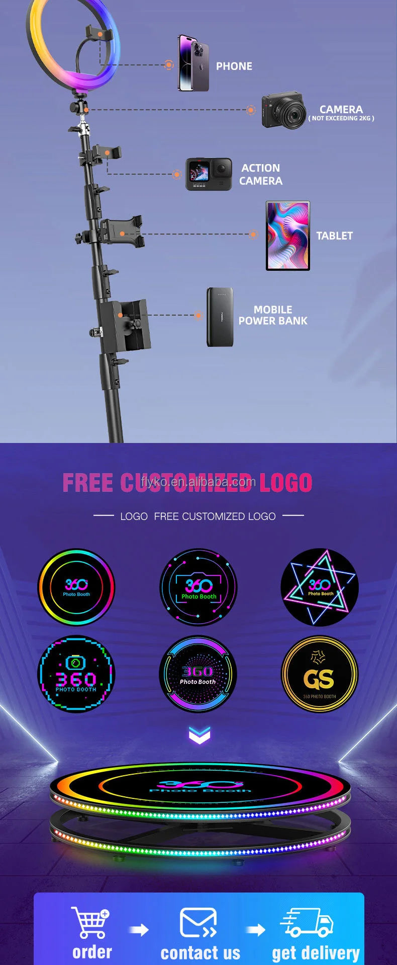 360 Photo Booth Machine 80-100cm with RGB Ring Light, Free Logo, rotating 360 Video Photo Booth for 1-5 People with Flight Case Good Vibrations