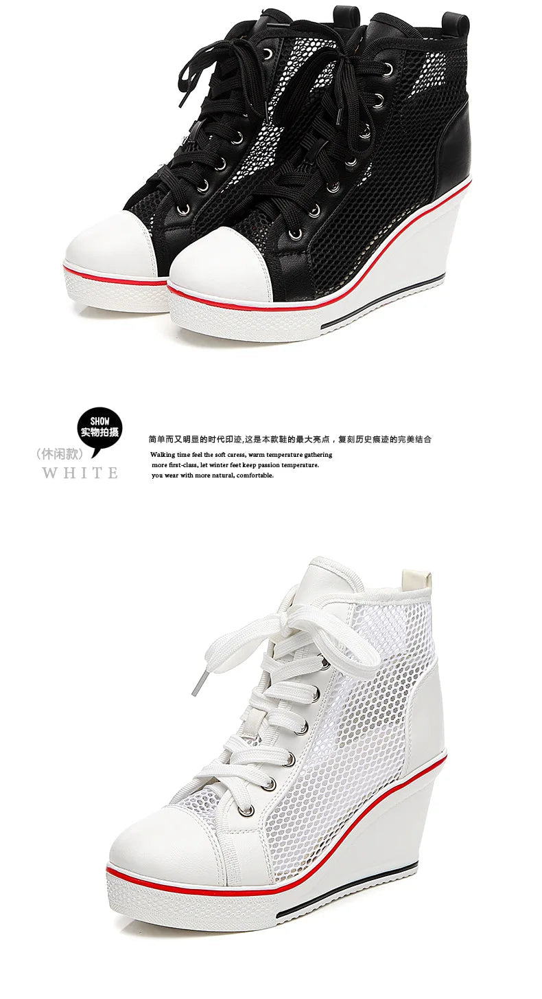 2025 Wedge Heel 8cm Height Increasing Net Shoes Thick Bottom Sandals Women's Casual Lace-up Shoes High-top Hollow Women's Shoes Good Vibrations