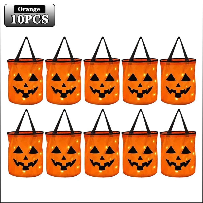 1-20PC LEDLight Up Halloween Pumpkin Candy Tote Bag Basket for Kids Trick or Treat Party Bucket for Holiday Event Decoration Use Good Vibrations