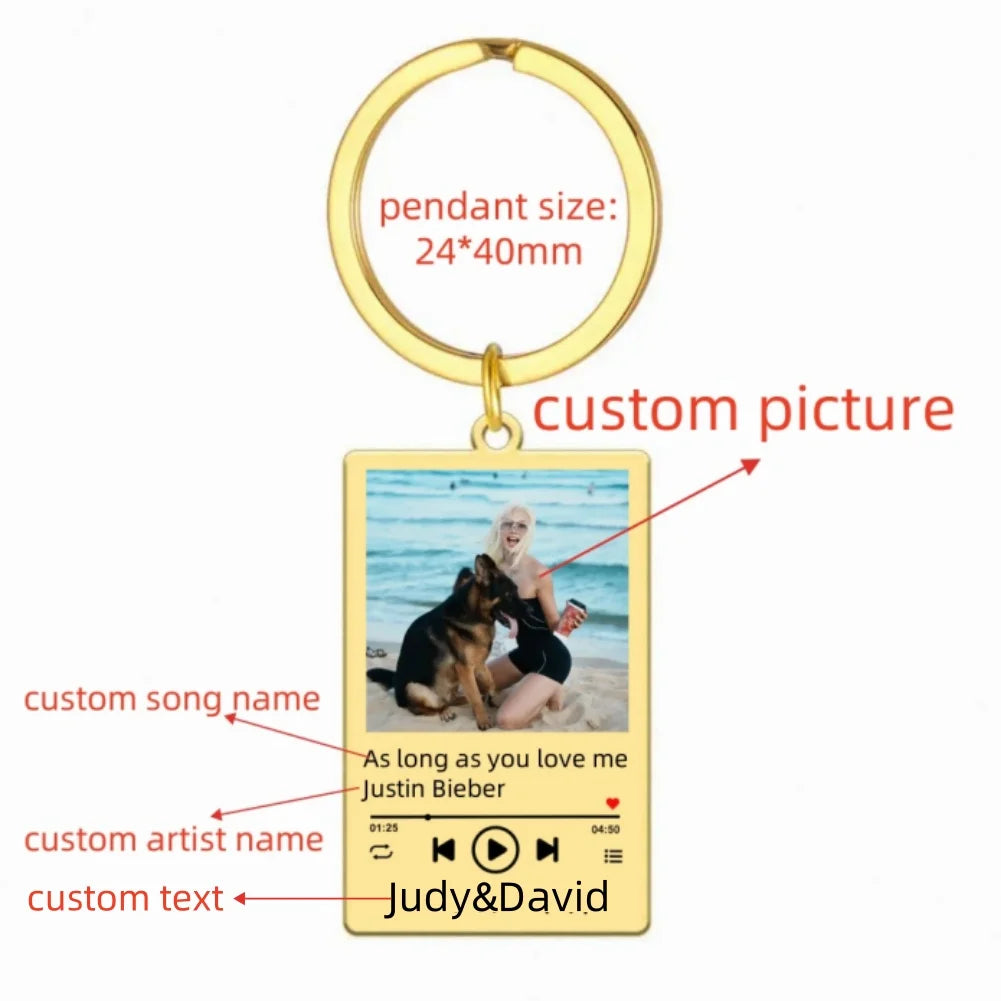Jeshayuan Custom Picture Keychain Customized Music Song Key Ring Stainless Steel Personalized Photo Keychains Gifts for Lover Good Vibrations