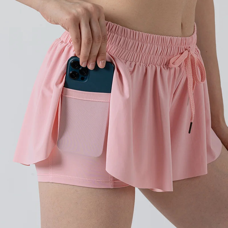 2 in 1 Flowy Sports Shorts Women Running Short Butterfly Tennis Skirt with Pockets Gym Yoga Athletic Biker Spandex Skirts Summer Good Vibrations