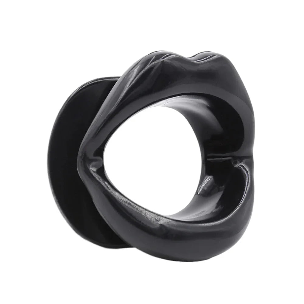 Black silicone lips O ring mouth gag for adult BDSM games and bondage restraints.