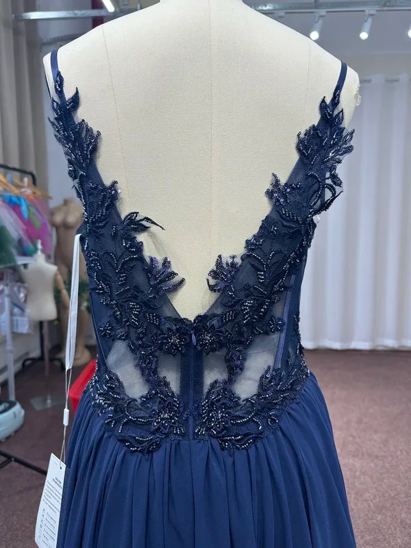 Spaghetti Straps Navy Blue A Line Evening Dresses 2025 Elegant Beaded Appliques Illusion Prom Gowns Formal Party Vestido De Gala Good Vibrations