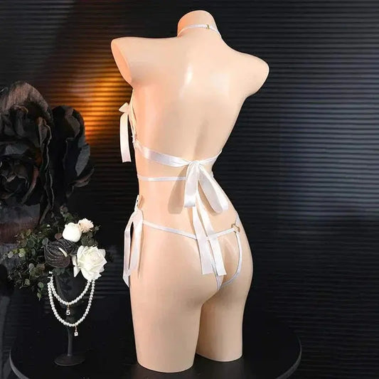 Women erotic mesh open crotch bodystocking lingerie set with hollow out design, featuring a sexy bra and crotchless teddies.