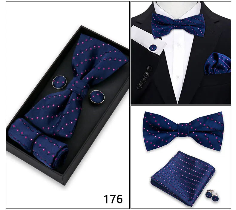Bowtie For Men Set Gift Box Business Gift Fashion Bow Tie Pocket Square Cufflinks Set Bowtie 3pcs For Wedding Hanky Cravata Neck Good Vibrations