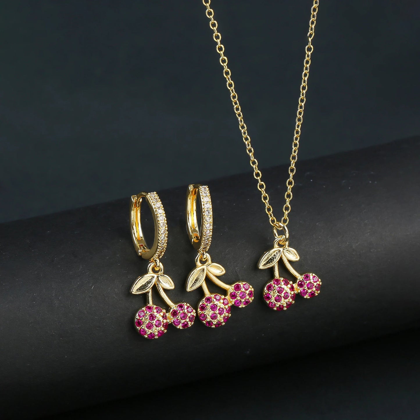 Light Luxury Crystal Zirconia Red Cherry Jewelry Set Earrings Necklace for Women Girls Sweet Jewelry Accessories Party Gifts Good Vibrations Adult Super Store