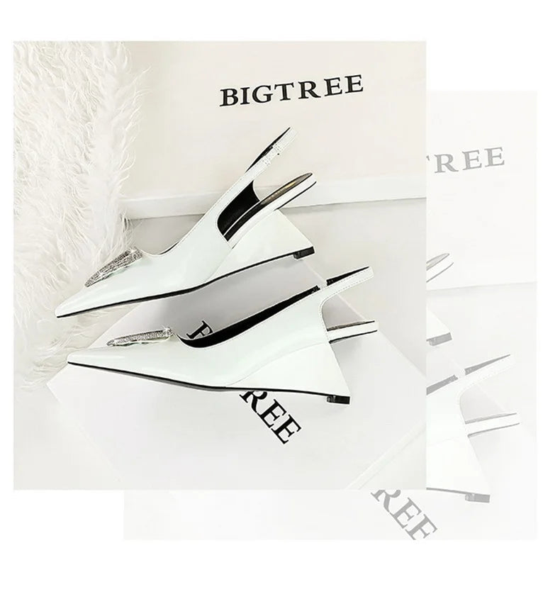 Wedges Women Shoes High Heel Shallow Pointed Toe Hollow Back Straps Patent Leather Triangle Metal Crystal Buckle Pumps Good Vibrations