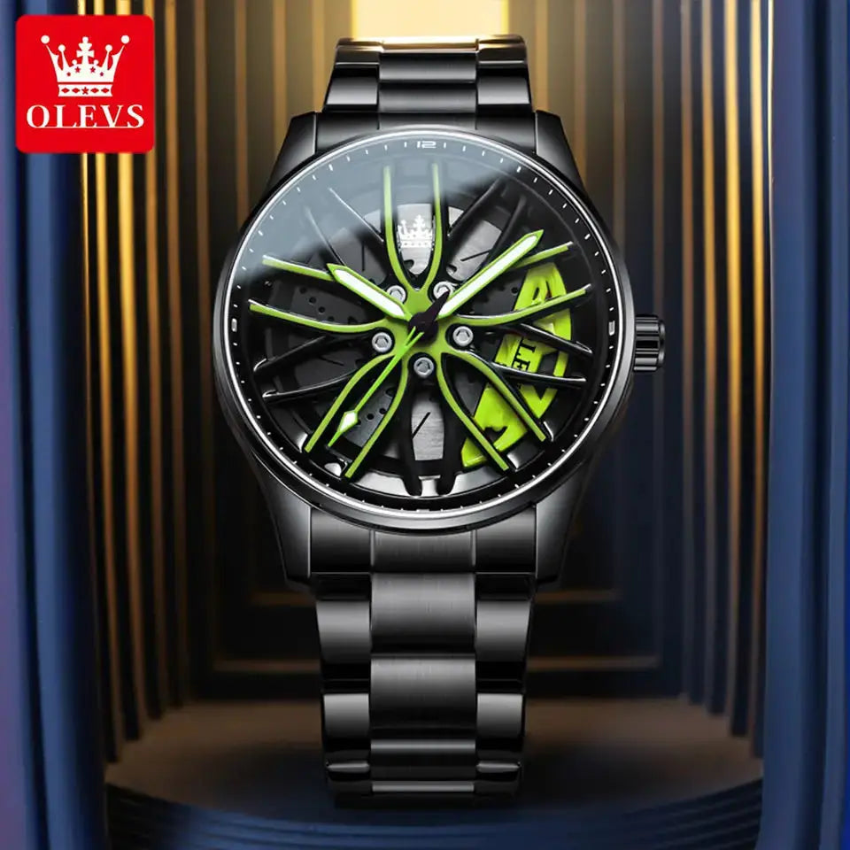 OLEVS Watch for Men 360° Rotary Dial Sport Car Rim Wheel Hub Waterproof Luminous Fashion Stainless Steel Men's Quartz Wristwatch Good Vibrations