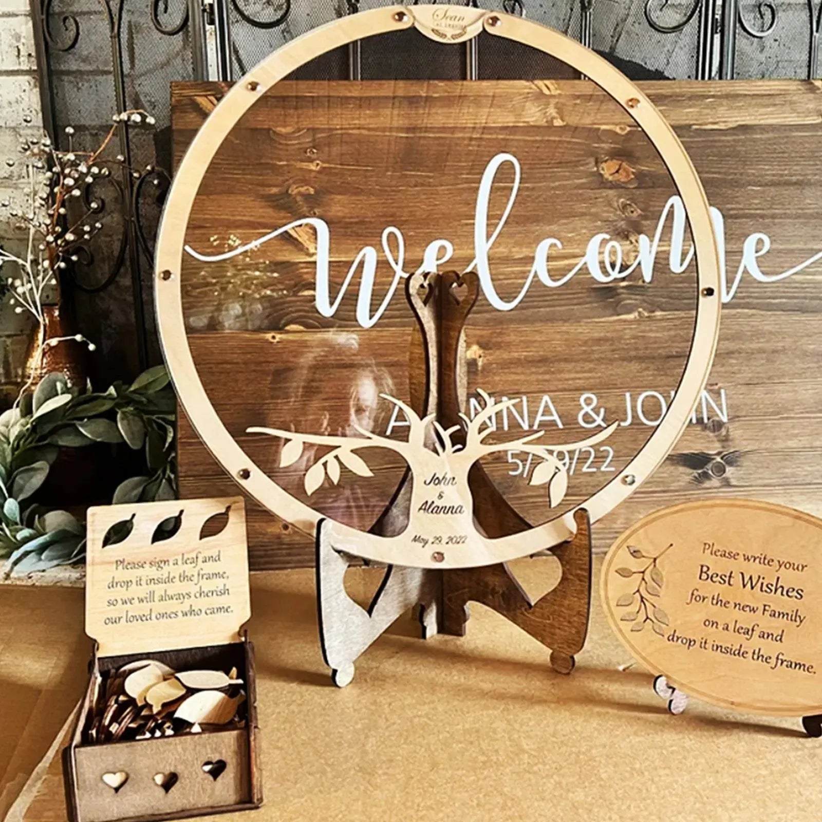 Wedding Guest Book Alternative Wooden Card Box 60 Wood Leaves for Reception Good Vibrations