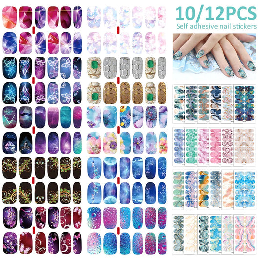 Vibrant full wrap self-adhesive nail polish stickers in 10 sheets with various colorful patterns for DIY manicure and nail art.