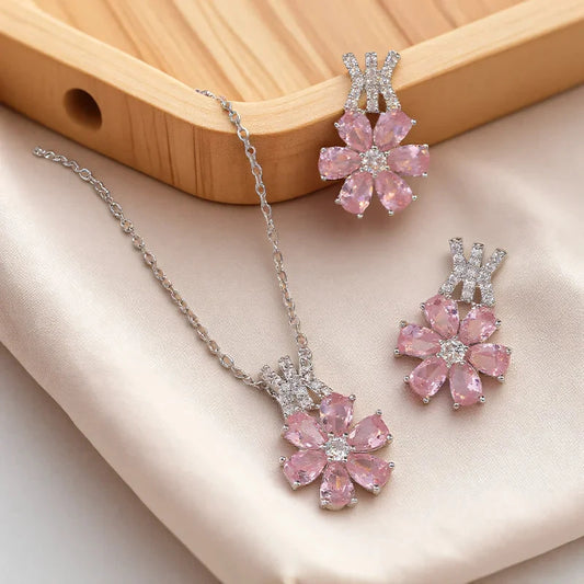 Charm Bridal Pink Zircon Big Flower Stud Earrings Pendants Necklaces For Women Silver Color Wedding Engagement Jewelry Sets Good Vibrations