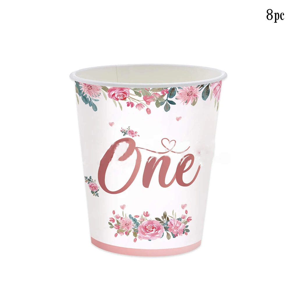 Pink Flower One Year Old Birthday Party Disposable Tableware Babyshower Girl Pink Paper Plates Baby Girl 1st Birthday Party Deco