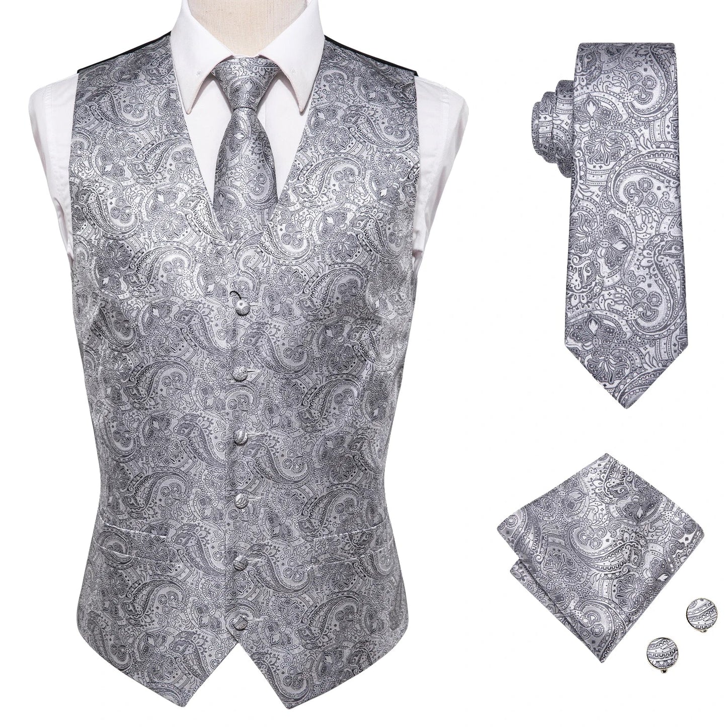 Hi-Tie Black Men Silk Vest Paisley Jacquard Necktie Hankerchief Cufflinks Sets Male Sleeveless V-Neck Waistcoat Business Formal Good Vibrations