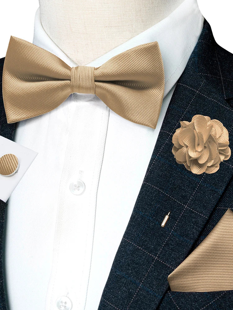 Wedding Bow Tie for Men Solid Pink Pre-tied Bowtie Pocket Square Cufflinks Corsage Set Party Business Silk Butterfly Knot Gift Good Vibrations
