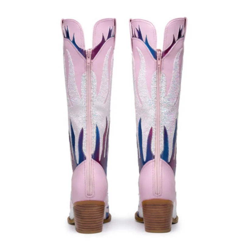 Women's Metallic Western Boots with Pointed Toe, Mid-calf To Knee-high Height, Sparkly and Colorful Design. Stylish Cowgirl Look Good Vibrations