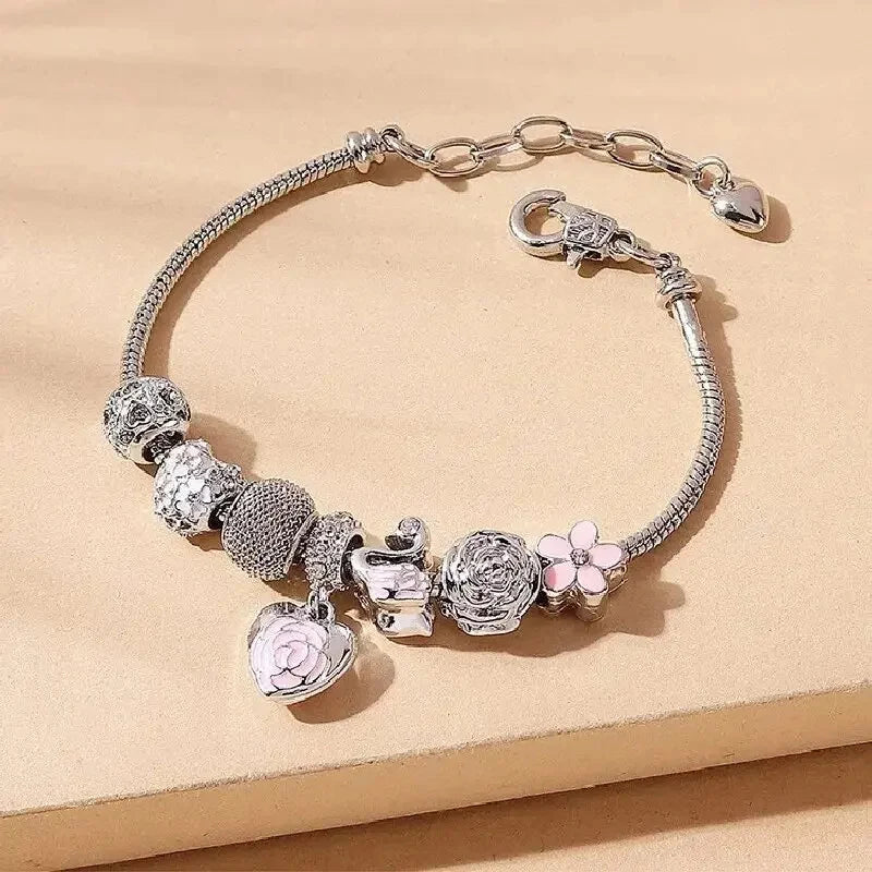 Chic Heart Flower Bead Charming Bracelet With Shiny Rhinestonw Pink Enamel Floral Swan Charms Casual Outings Jewelry Good Vibrations