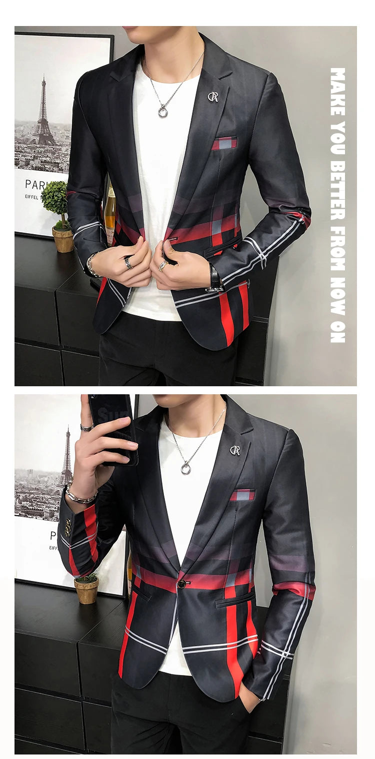 Blazer Men Boutique Fashion Plaid Men's Slim Casual Suit Jacket Male Ball Social Blazer Suit Coat Host Clothing Good Vibrations